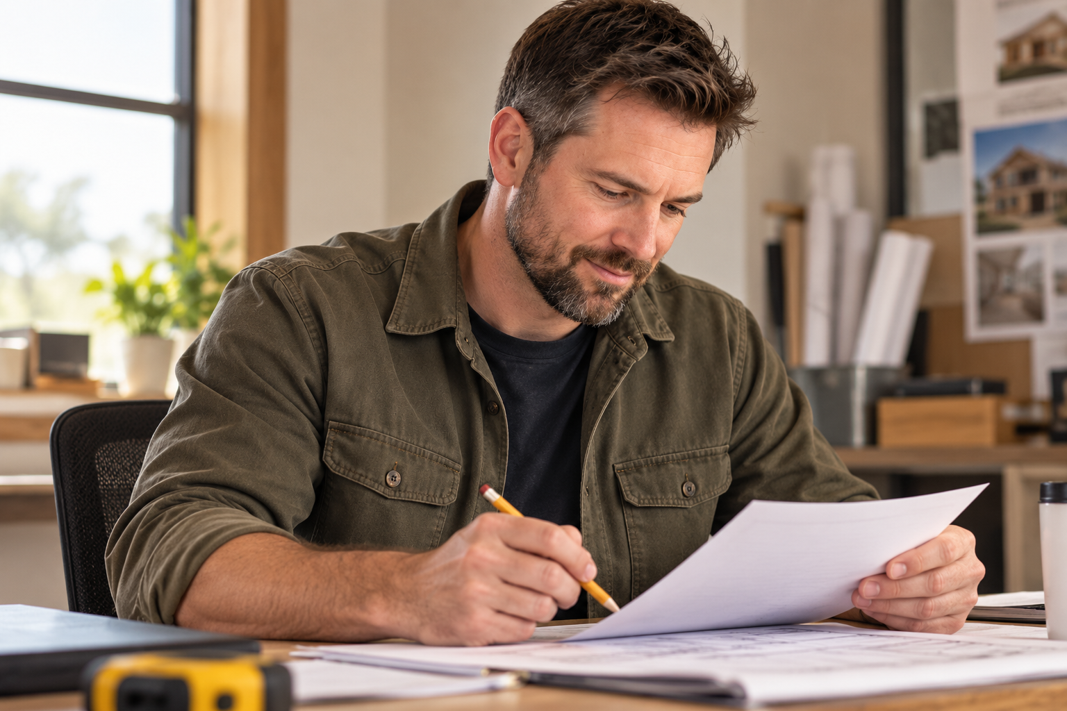 Contractor reviewing an estimate at his desk