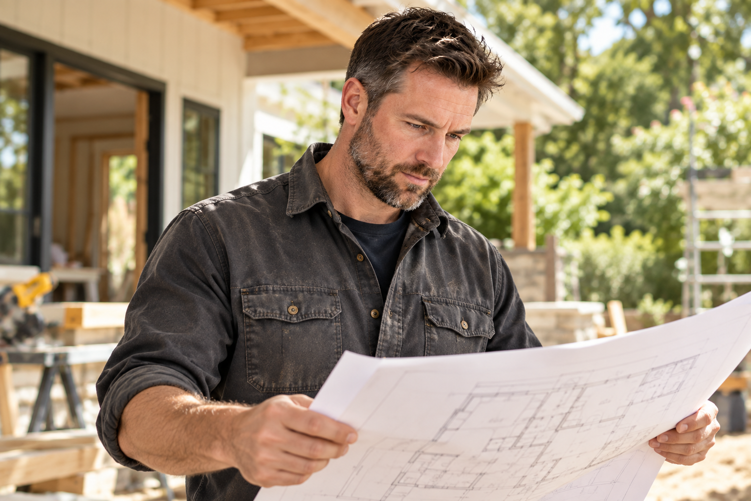 Contractor checking a plan on a residential job site