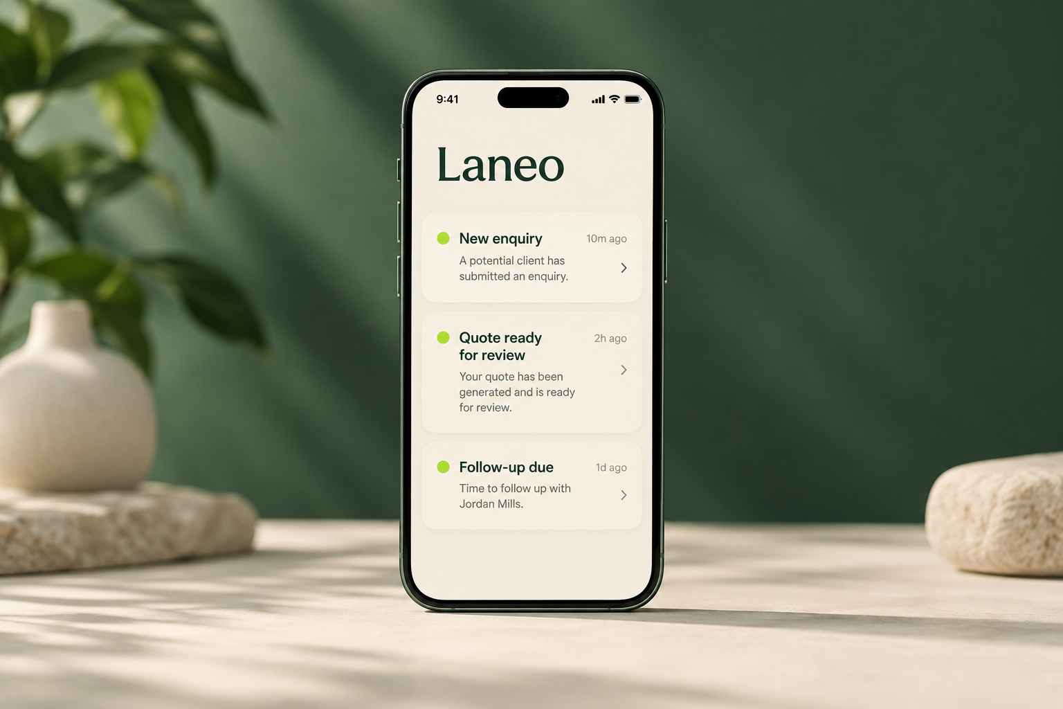 Illustrative phone showing enquiry and follow-up notifications