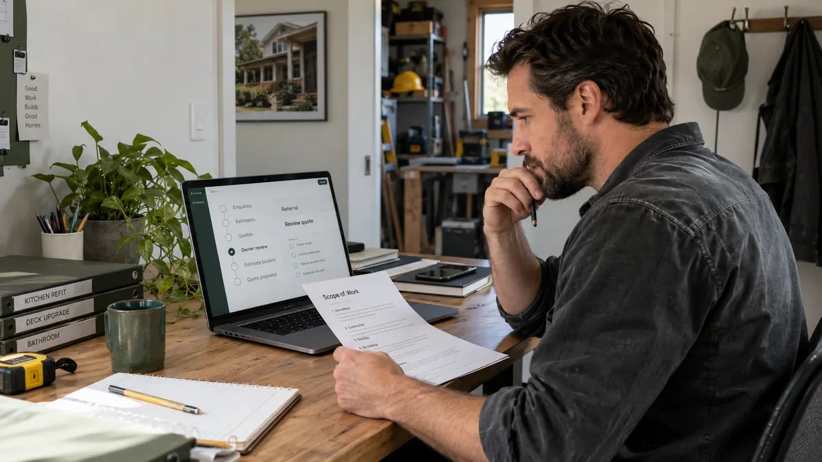 Contractor reviewing a scope of work with the follow-through pipeline on screen