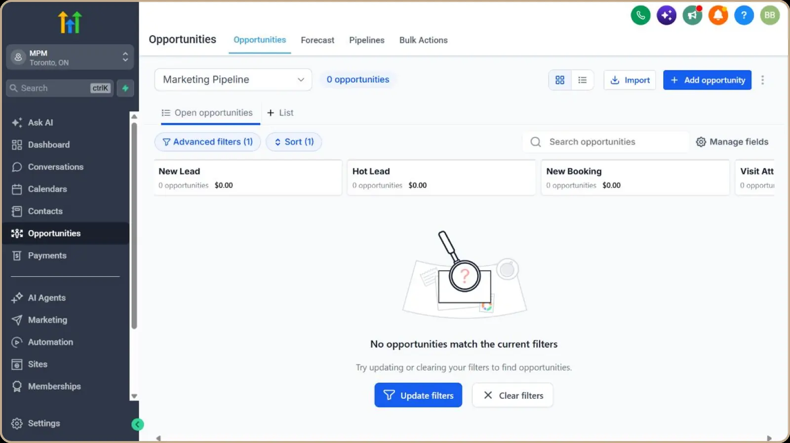 GHL Marketing Pipeline: New Lead, Hot Lead, New Booking stages