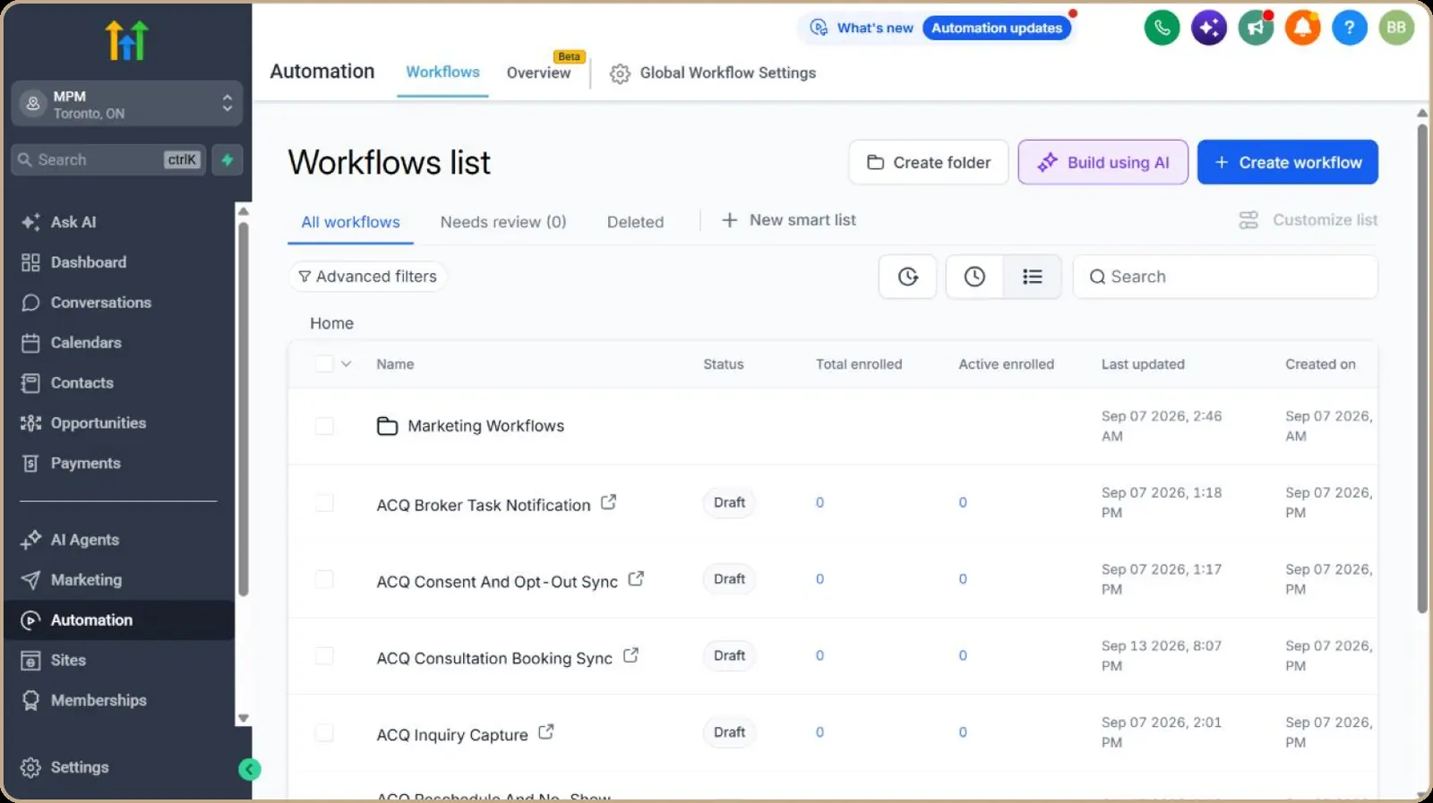 GHL automation registry: versioned workflows with draft and published states