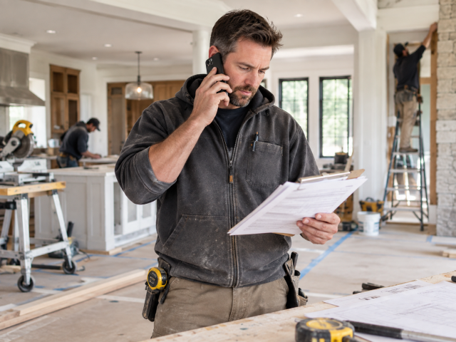 Contractor reviewing paperwork on a residential renovation site
