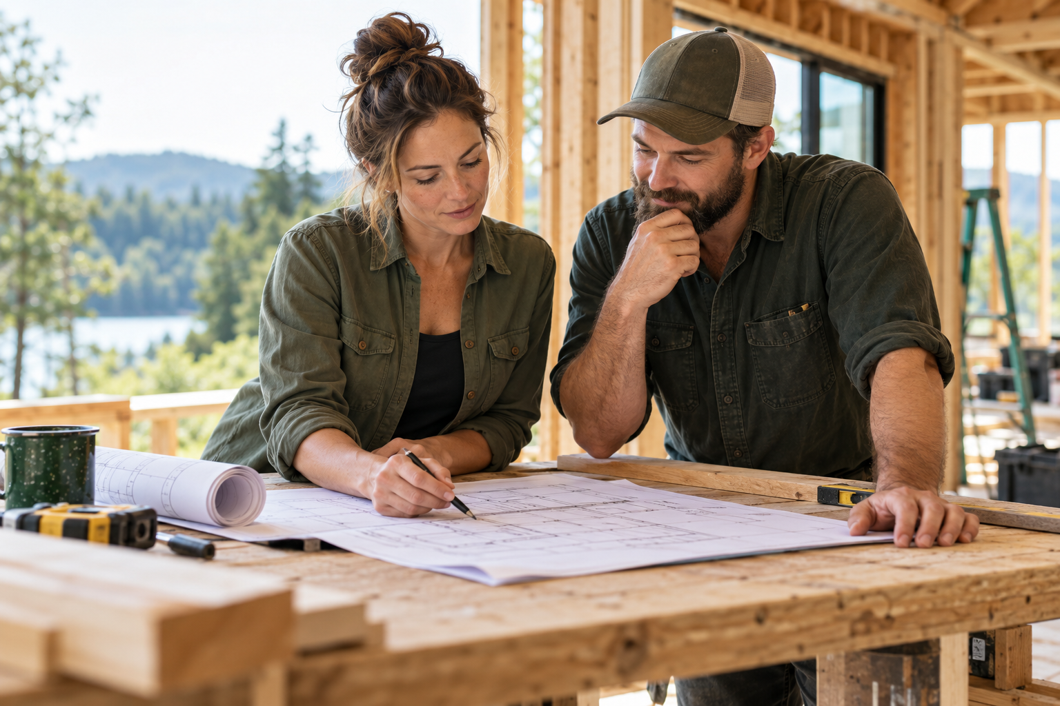 Construction partners checking scope documents before approval