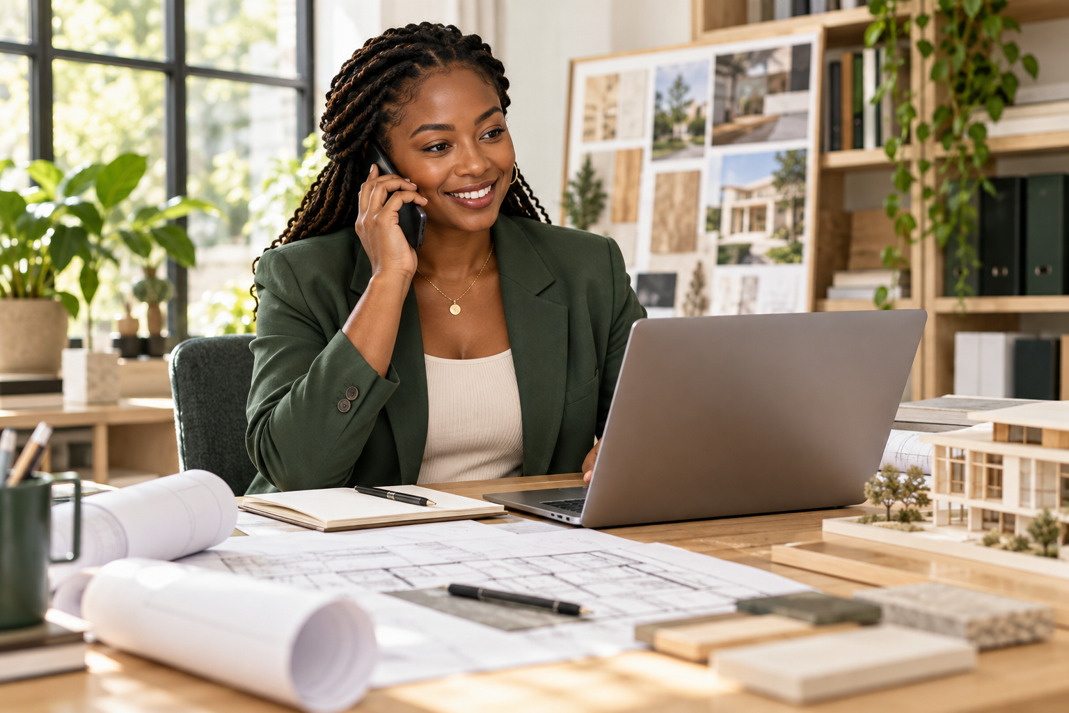 Office manager reviewing project details with a contractor